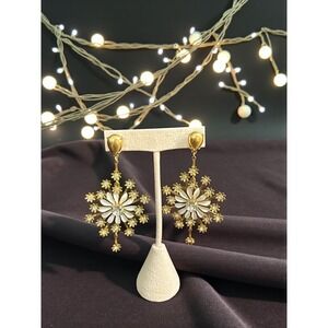 J Crew Dazzling Snowflake Starburst Dangle Earrings White Crystal Gold Tone